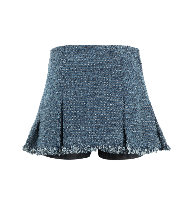 Image 2 of 3 - BLUE - Sacai Womn's pleated denim mini skirt with frayed edges and integrated shorts underneath. 