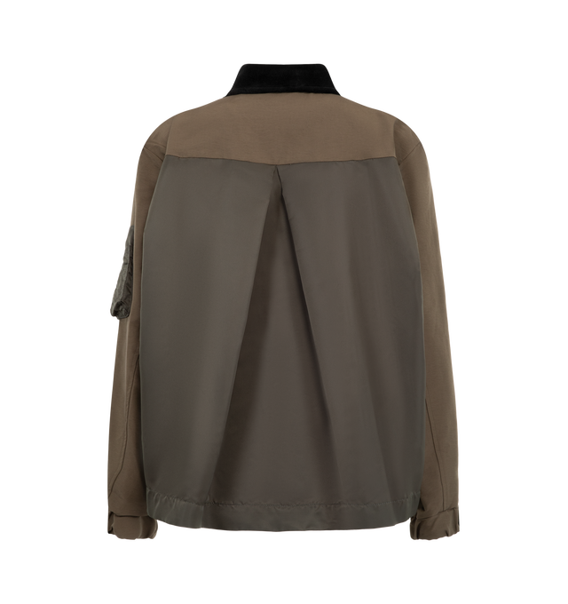 Image 3 of 4 - BROWN - Sacai Women's Grosgrain Bonding Blouson Jacket features distinct oversized front flap pockets, angled chest zip pockets, a contrasting collar, and an adjustable buttoned placket overlay. Materials: Nylon Exterior; Cotton. 