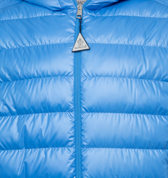 Image 4 of 4 - BLUE - MONCLER Cornour Padded Jacket featuring two-way zip fastening, adjustable hood, padded insulation, and rubberised logo and striped detailing across the hood. 100% polyester. Padding: 90% down, 10% feather. Made in Moldova. 
