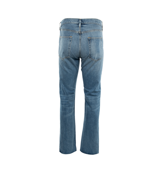 Image 2 of 4 - BLUE - FEAR OF GOD Collection 8 Jean featuring straight-leg fit, five-pocket style, antique brass hardware, raw ankle hem and leather label is stitched on the back pocket. 100% cotton. 