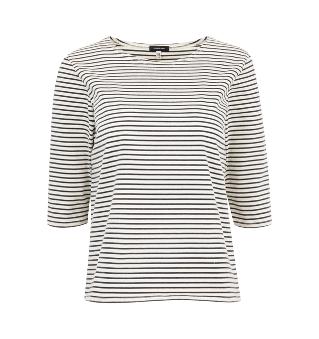 Image 1 of 2 - NAVY - R13 Elbow Sleeve Stripe Tee featuring boat neck, 3/4 sleeves and stripes throughout. Cotton.   