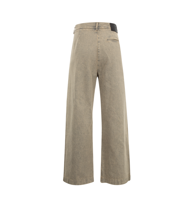 Image 2 of 3 - NEUTRAL - Loewe Wide Leg Front Pleat Jeans have a hook closure, a wide-legged silhouette, side pockets, a back pocket, and a leather logo patch at the back. 100% cotton.  