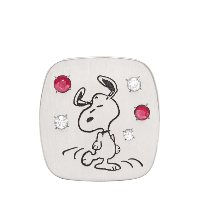 Image 2 of 4 - SILVER - LIZWORKS X PEANUTS Jazz Snoopy White Gold Square Face Ring featuring 18k white gold ring with 3 white diamonds, 2 rubies and white enamel. 22 mm x 23 mm. Hirshleifers offers a range of initial pieces from this collection in-store. For personal consultation and detailed information about jewelry, please contact our dedicated stylist team at personalshopping@hirshleifers.com. This item may be restricted for online purchase to international clients. For assistance purchasing this item p 