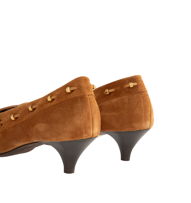 Image 3 of 4 - BROWN - KHAITE Milly Pump featuring velvety suede, tubular construction, tonal whipstitching and grommeted lacing threaded by hand with gold beads. Lined in suede. 100% calfskin. 