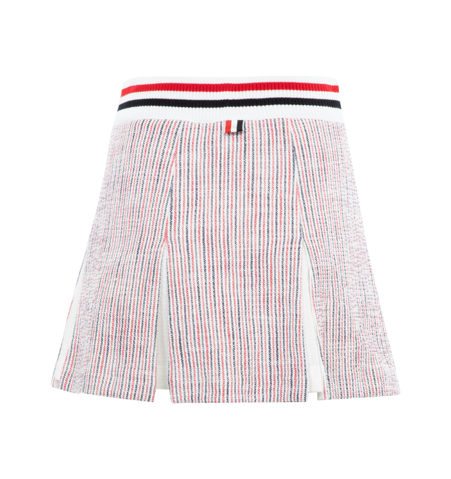 Image 2 of 2 - RED - THOM BROWNE Mini Box Pleat Skirt featuring stripes and inverted box pleats throughout, stripes at rib knit elasticized waistband, logo patch at front, concealed zip closure at side seam, tricolor grosgrain flag at back waist and full seersucker lining. 91% cotton, 8% polyamide, 1% elastane. Trim: 90% cotton, 9% polyamide, 1% polyurethane. Lining: 100% cotton. Made in Italy. 