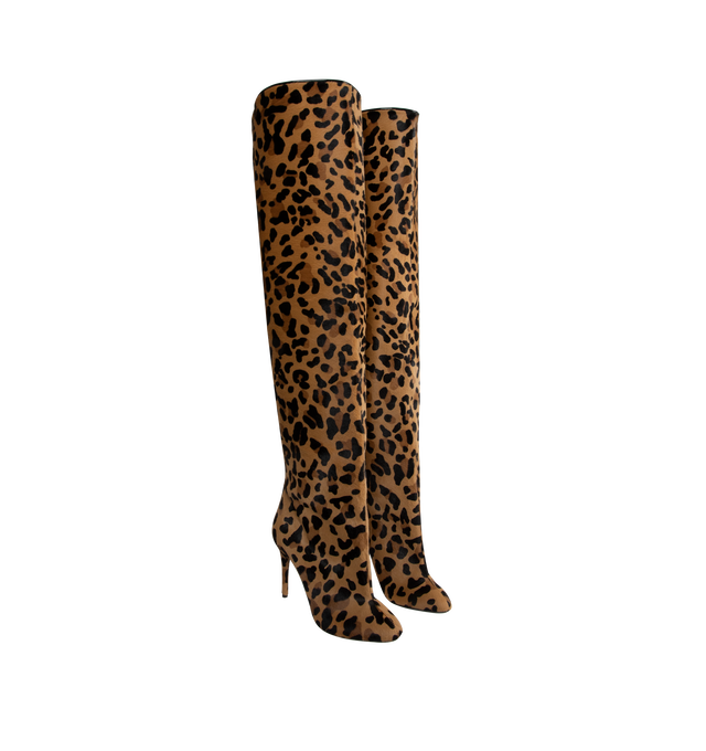 Image 2 of 4 - BROWN - ALAA Decollete Cuissardes crafted from haircalf leather with leopard pattern. Thigh-high boots with a wide and straight shaft for a feminine line, 90mm heel, knee-high length, round toes. Made in Italy. Uooer 100% calf leather, lining 100% lambskin, calf leather and rubber sole.  