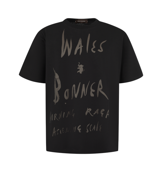 Image 1 of 2 - BLACK - Wales Bonner Men's Raga T-Shirt is crafted from soft cotton jersey and features signature graphics from the Autumn/Winter 2026 Morning Raga collection. Designed in a classic short-sleeve silhouette, the T-shirt is detailed with a Morning Raga graphic print and Wales Bonner logo artwork. Main Material: 100% Cotton. Made in Portugal 