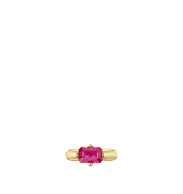 Image 1 of 2 - GOLD - Uniform Object Prong Gauge Ring is handcrafted from 18k yellow gold and features a striking 4.13 ct emerald-cut ruby secured within the brand's signature gauge-inspired prong setting. Main Material: 18k Yellow Gold. Gold Weight: 19g. Stone: 4.13 ct Emerald-Cut Ruby. Size: 7. Handcrafted in New York City. Hirshleifers offers a range of pieces from this collection in-store. For personal consultation and detailed information about jewelry, please contact our dedicated stylist team at pers 