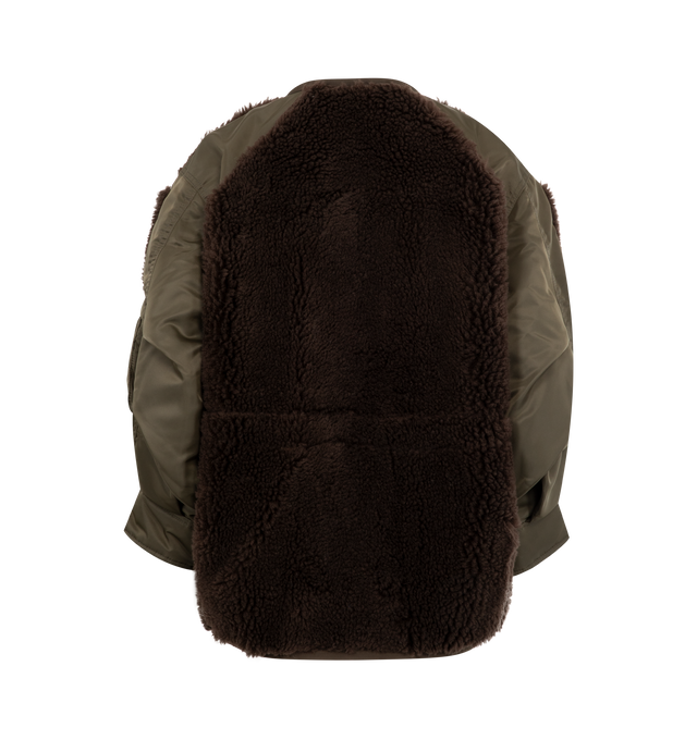 Image 2 of 3 - BROWN - SACAI Faux Shearing x Nylon Twill Blouson featuring paneled construction, covered zip closure, 4 front pockets and one zip pocket on sleeve.  