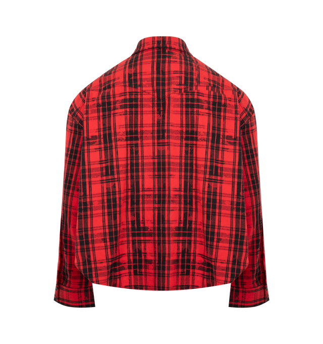 Image 2 of 3 - RED - VETEMENTS Cowboy Flannel Shirt featuring spread collar, button closure, flap pockets at chest, shirttail hem and locker loop at back yoke. Made in Portugal. 