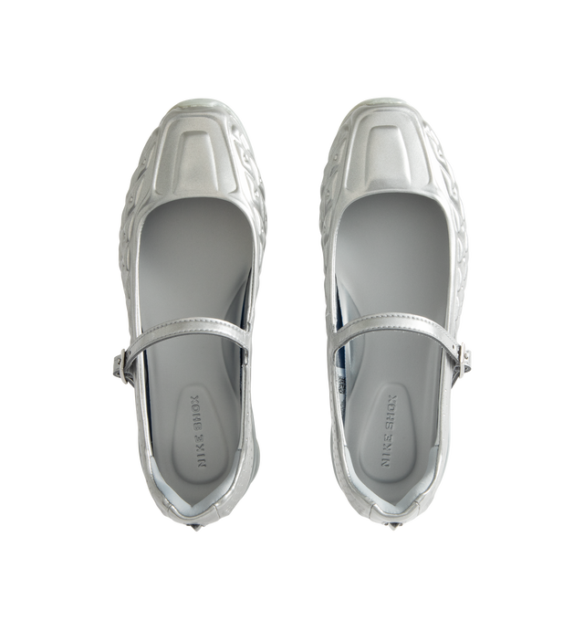 Image 5 of 5 - SILVER - Nike Womens Shox Z Calistra Shoe is a ballet-inspired flat on top of sleek sneaker-inspired heel cushioning. Designed with an adjustable midfoot strap, Nike Shox Z cushioning pillars, signature Nike and Shox branding, and durable rubber outsole. Upper: Synthetic Leather; Cushioning: Nike Shox Z; Outsole: Rubber. Imported 