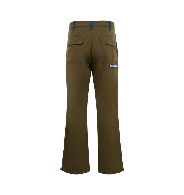 Image 2 of 3 - GREEN - Pleasures Public Utility Pants have a button and zip fly, contrast trim, cargo pockets, side zip pockets, side pockets, rear flap pockets, adjustable leg openings with toggles, and knee darts. 58% polyester, 34% cotton, 8% nylon.  