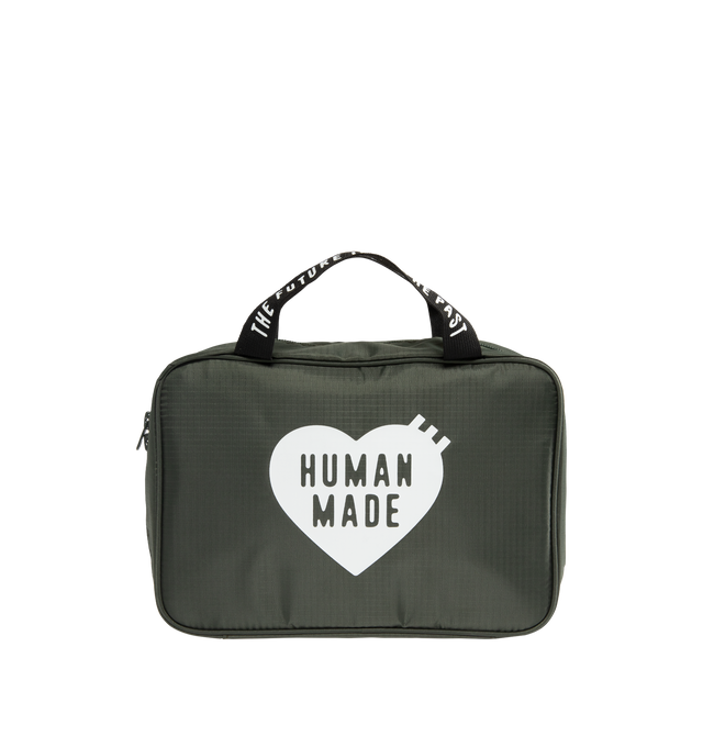 Image 1 of 3 - GREEN - HUMAN MADE Organizer Pouch featuring a tri-fold design, lightweight, durable ripstop fabric, iconic heart logo on the front, handle with a logo print, several multi-pockets and S-shaped hook attached for hanging storage. 100% polyester. 