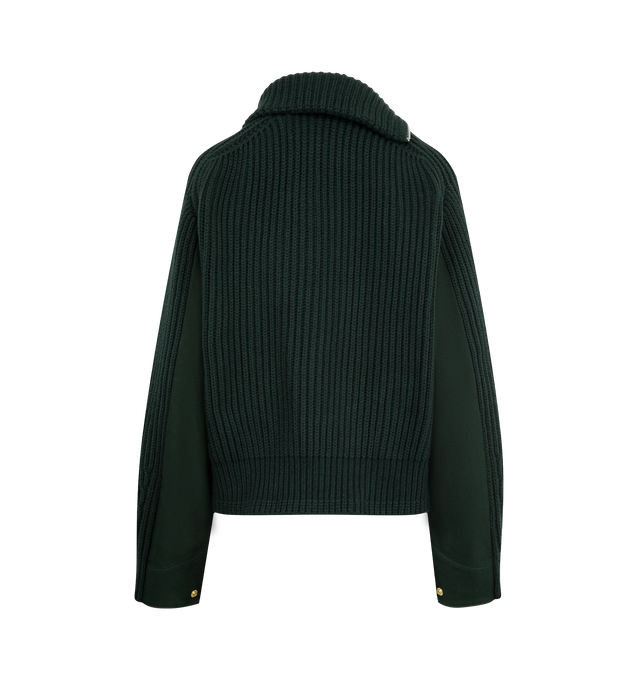 Image 2 of 4 - GREEN - Sacai x Carhartt WIP Women's Duck x Wool Knit Blouson is a hybrid of Carhartt WIPs Detroit Jacket and sacais knit blouson. Featuring two front layers on the body and sleeves, made from Carhartt WIPs duck canvas fabric, with rib-knit, spun wool and nylon yarn, an asymmetric front opening with a double zipper, and a high neck that can be worn up or down to form a flat collar, and co-branded woven label. A co-branded woven label appears on the front. Organic cotton canvas, Knit material  