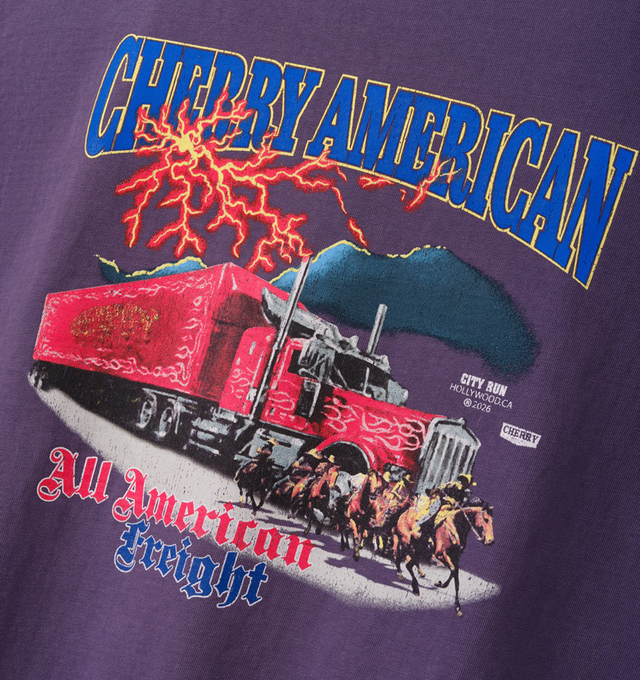 Image 4 of 6 - PURPLE - Cherry LA Men's American Freight Longsleeve T-Shirt is crafted from heavyweight cotton and features a boxy-fit silhouette with long sleeves and rib-knit cuffs. Designed with screen-printed graphics at the front, back, and sleeves, this statement style combines durable construction with bold Cherry LA artwork. Main Material: Heavyweight Cotton. Made in Los Angeles, California. 