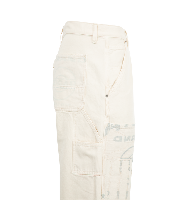 Image 3 of 3 - WHITE - COUT DE LA LIBERTE Sunset Junction Canvas Patched Painter Jeans featuring belt loops, five-pocket styling, button-fly, logo patch at back waistband, carpenter pockets and loop and print on reinforced knees. Cotton. Made in United States. 