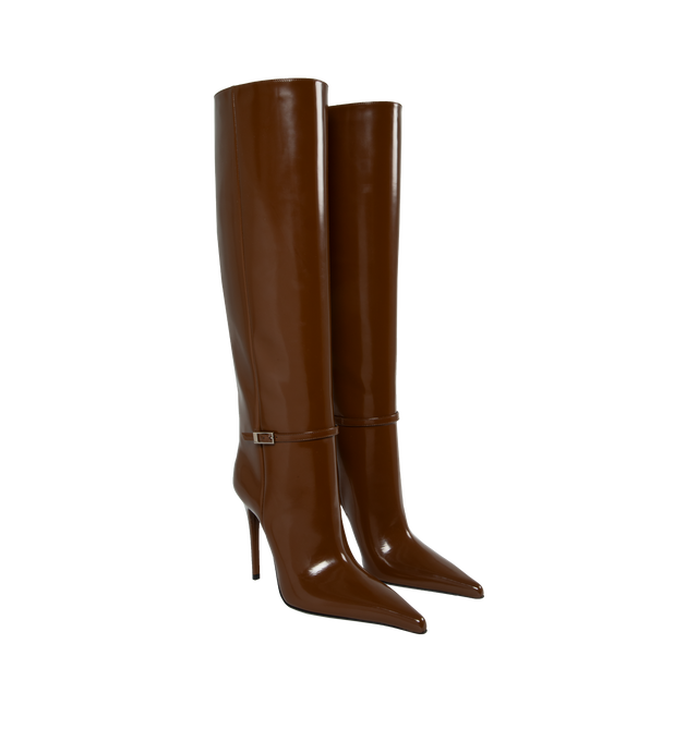 Image 2 of 5 - BROWN - SAINT LAURENT Vendome Boots featuring pointed tow, stiletto heel and buckle strap at ankle. 4.3 inches. 95% calfskin, 5% brass.  