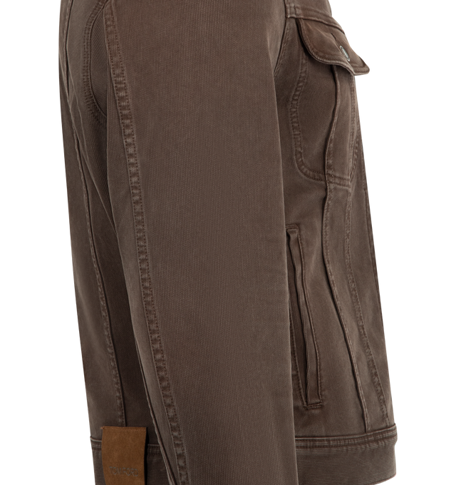 Image 3 of 3 - BROWN - TOM FORD Western Cord Denim Icon Jacket featuring western-inspired ion jacket reworked in soft corded denim, slightly cropped silhouette, buttoned front, flap chest pockets, welt pockets, adjustable tabs at the waist and a slim fit. 97% cotton, 3% polyurethane. Made in the USA.  