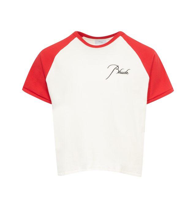 WHITE - RHUDE Raglan Tee featuring crew neck, contrast sleeves, logo on front and script logo embroidery at the back. 100% cotton.
