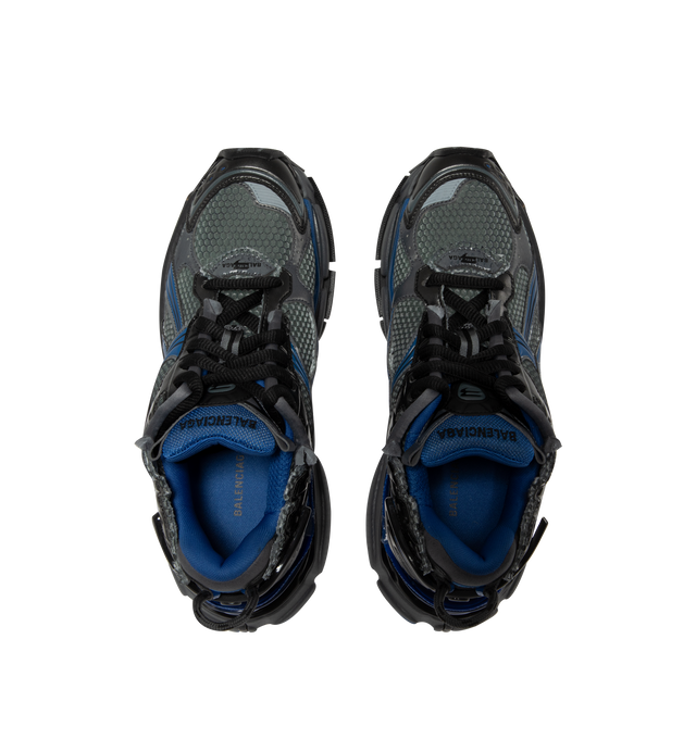 Image 5 of 5 - BLUE - Balenciaga Men's Runner Sneakers are crafted from a leather-free blend of polyurethane and polyester. Feature a worn-in finish, printed size at the toe, debossed size at the heel, printed Runner logo, embroidered logo at the tongue, logo at the back heel, pull tab, and a rubber, TPU, EVA, and polyurethane sole. Main Material: Upper: Polyurethane, Polyester; Sole: Rubber, TPU, EVA, Polyurethane; Insole: Foam. Made in China. 