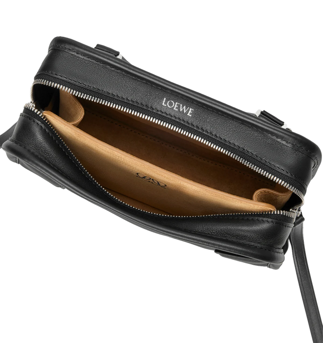 Image 8 of 11 - BLACK - LOEWE Mini Amazona 180 Bag in soft calfskin featuring two carry options: short handle, removable and adjustable crossbody strap, zip closure with two leather zip pullers, two compartments, main compartment closed with magnetic closure, left side d-ring for customization, suede lining, embossed LOEWE and embossed double L branding. Soft calfskin. 11.5 cm x 20 cm x 7 cm. Made in Spain. 