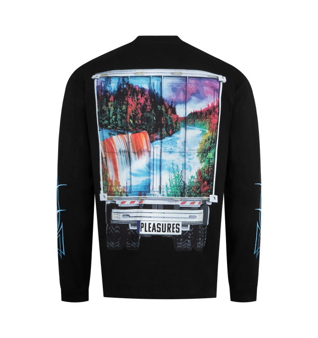 Image 2 of 3 - BLACK - PLEASURES Semi Heavyweight Graphic Long Sleeve Tee featuring crewneck, pullover style, long sleeves, truck graphic prints on front and back and print styling on arms. 100% cotton. 