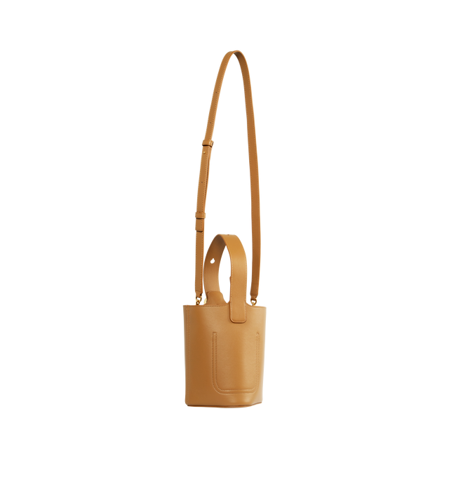 Image 2 of 3 - BROWN - LOEWE Mini Pebble Bucket Bag featuring magnetic closure, internal pocket, bonded suede lining, anagram engraved Pebble, crossbody, shoulder or hand carry and adjustable and removable strap. 7.7 x 6.3 x 6.3 inches. Mellow Calf. Made in Spain.  
