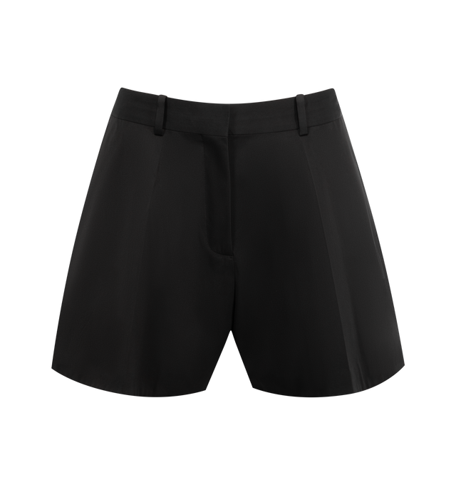 Image 1 of 3 - BLACK - LOEWE Trapeze shorts in cotton and silk featuring a trapeze silhouette, regular fit, short length, mid waist, concealed hook and zip fly, seam pockets, buttoned rear welt pocket, pressed creases at the front and back and LOEWE embossed leather patch placed at the back. Cotton/silk. Made in Italy. 