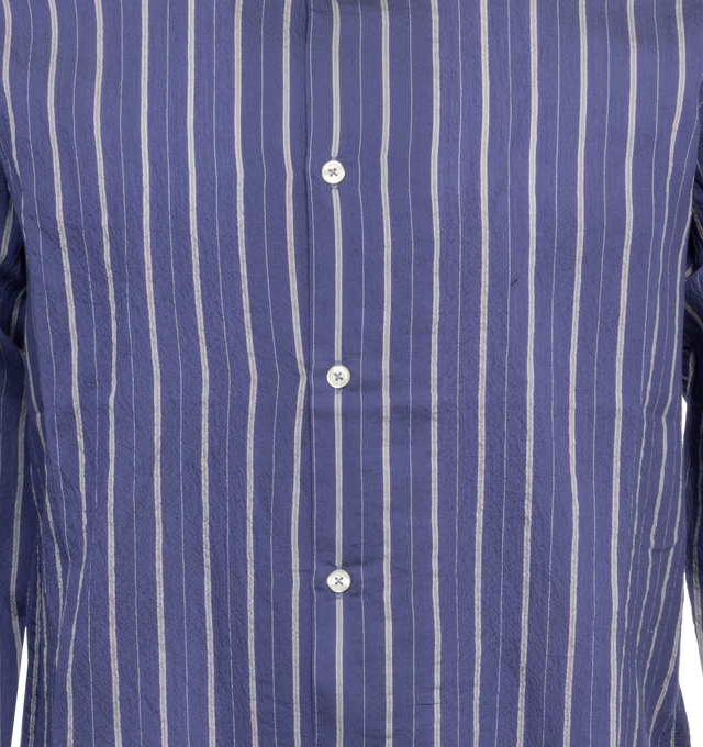 Image 3 of 5 - BLUE - LITE YEAR Camp Collar Shirt featuring button up closure, camp collar, button cuffs, long sleeves and stripes throughout. 86% CLY / 14% PL. 
