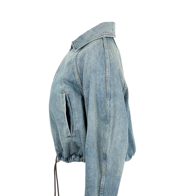 Image 3 of 3 - BLUE - Loewe Balloon jacket in medium-weight washed cotton denim featuring a balloon silhouette with an adjustable leather drawstring hem. Relaxed fit, regular length with classic collar, zip front fastening with a leather placket, raglan sleeves and LOEWE Anagram embossed leather patch placed at the back. Fully lined. Cotton. Made in Italy. 