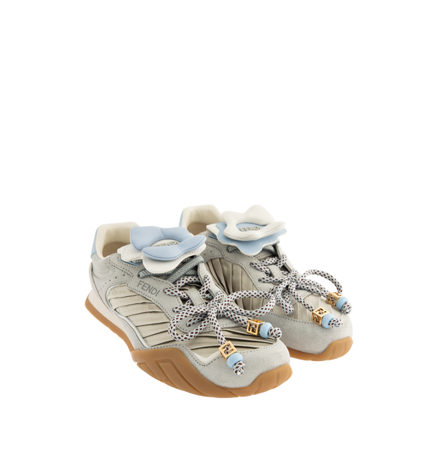 Image 2 of 5 - GREY - FENDI Wave Pulse Sneaker featuring lace-up closure, low-top, light gray satin with pleats and tone-on-tone suede inserts, leather heel collar, detachable, folded tongue decorated with a three-dimensional matching corolla, elastic laces combined with multicolor tubular laces and decorated with light blue beads and cubic elements with a gold-finish FF motif. Three-dimensional rubber logo applied on the side and tongue. Beige rubber running sole with wraparound edge on the side and diagon 