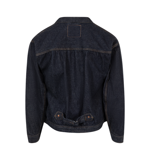 Image 2 of 3 - BLUE - KAPTAIN SUNSHINE Denim Tracker 2P Jacket featuring 13.5oz selvedge denim, boxy fit, large patch pockets, accent stitching on the front and buckle detailing on the back. 100% cotton. Made in Japan. 