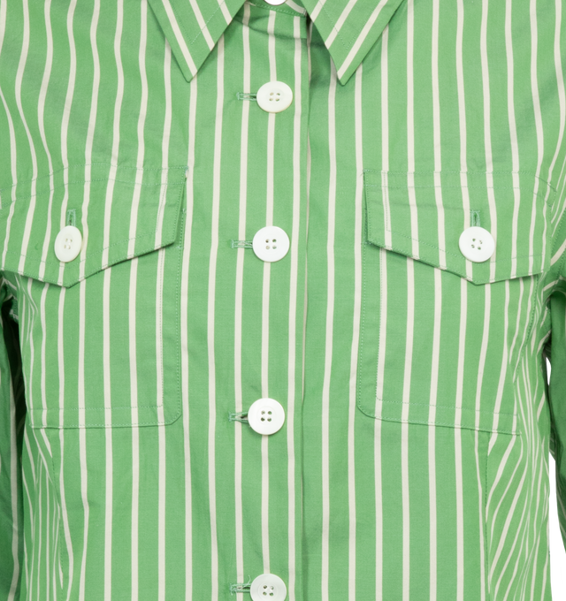 Image 3 of 3 - GREEN - DRIES VAN NOTEN Striped Shirt featuring collar, breast patch pockets, button front closure and fitted silhouette. 100% cotton. Made in Hungary. 