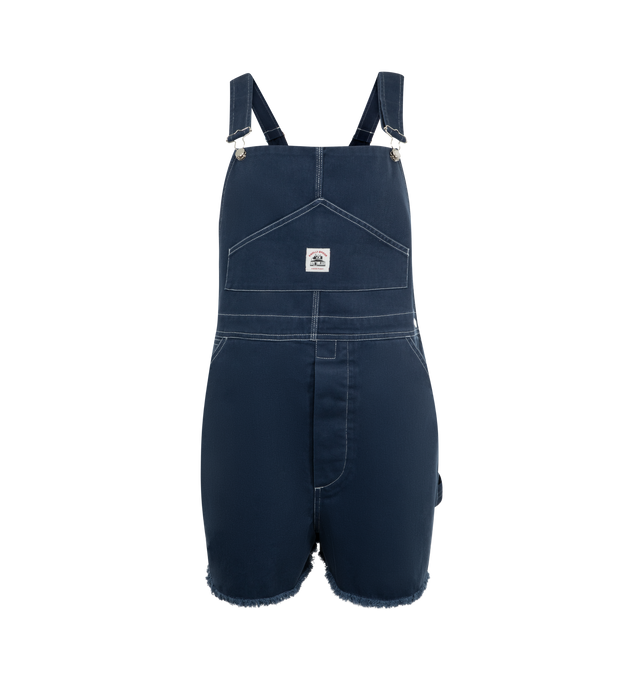 Image 1 of 2 - NAVY - BODE Knolly Brook Overall Shorts featuring workwear overalls from the midcentury, label on the front and back pockets. 100% merino wool. Made in India. 