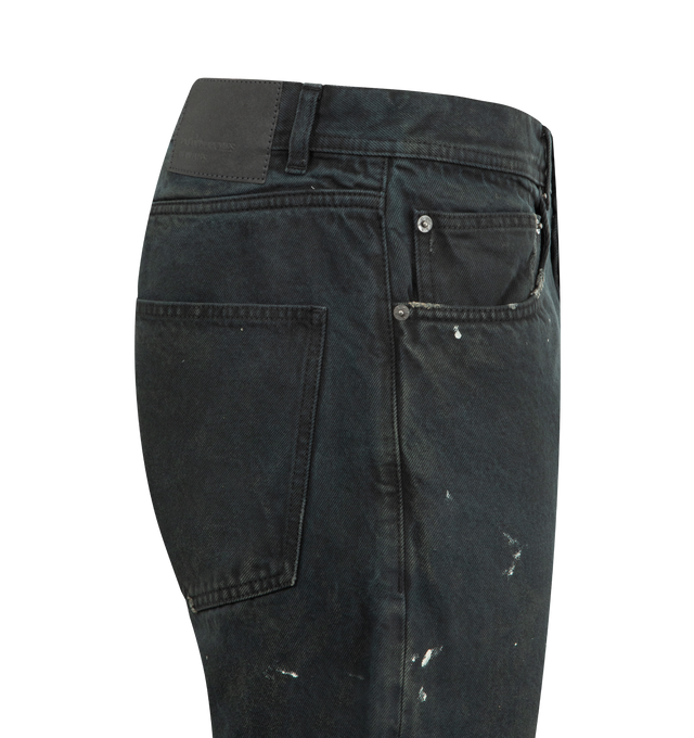 Image 3 of 3 - BLACK - ENFANTS RICHES DEPRIMES Zurich 64 Flare Jeans featuring mid rise, five pocket styling, button fly, belt loops at waist, embossed logo patch at back waistband, slightly flared and distressing throughout. 100% cotton. Made in Japan.  