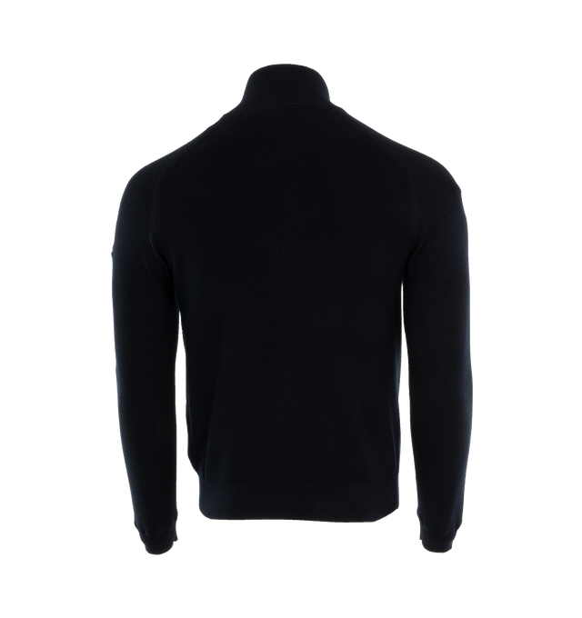 Image 2 of 3 - BLACK - MONCLER T-Neck Sweater featuring cashmere & cotton blend, brioche stitch, gauge 14, high neck, zipper closure and synthetic material logo patch. 85% cotton, 15% cashmere. 