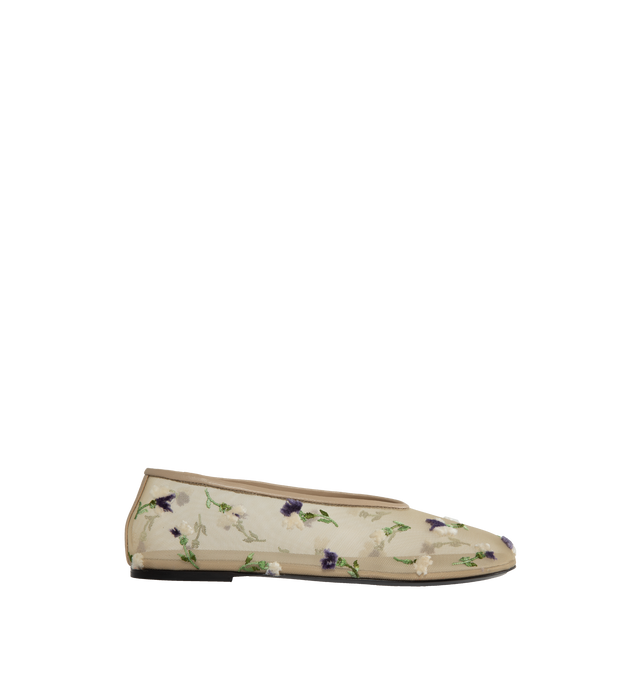 Image 1 of 4 - NEUTRAL - KHAITE Marcy Flat crafted in beige mesh with a tonally banded topline, high vamp, and dimensional purple floral embroidery. Featuring a sleek, rounded-toe and a 0.4 in heel. 70% polyamide, 20% viscose filament yarn, 10% lambskin.  Made in Italy. 