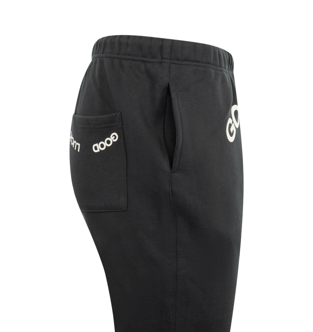 Image 3 of 3 - BLACK - Mr. Saturday Core Sweatpants have an elastic drawstring waist, rear patch pocket, and screen-printed graphics. Cotton jersey.  