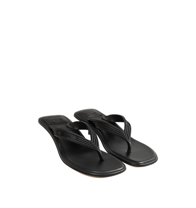 Image 2 of 4 - BLACK - BOTTEGA VENETA Sampieri Thong Sandal featuring kitten heel thong sandal, matte rubber and a soft nappa leather insole. Lambskin. Made in Italy. 