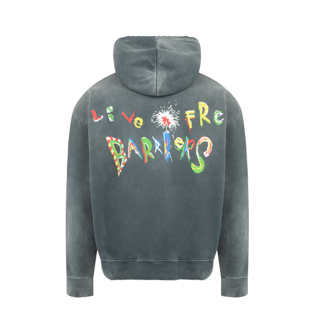 Image 2 of 3 - GREY - BARRIERS Voodoo Hoodie featuring slightly boxy fit, hidden pocket hoodie, screen printed graphic and heavy weight. 100% cotton. 