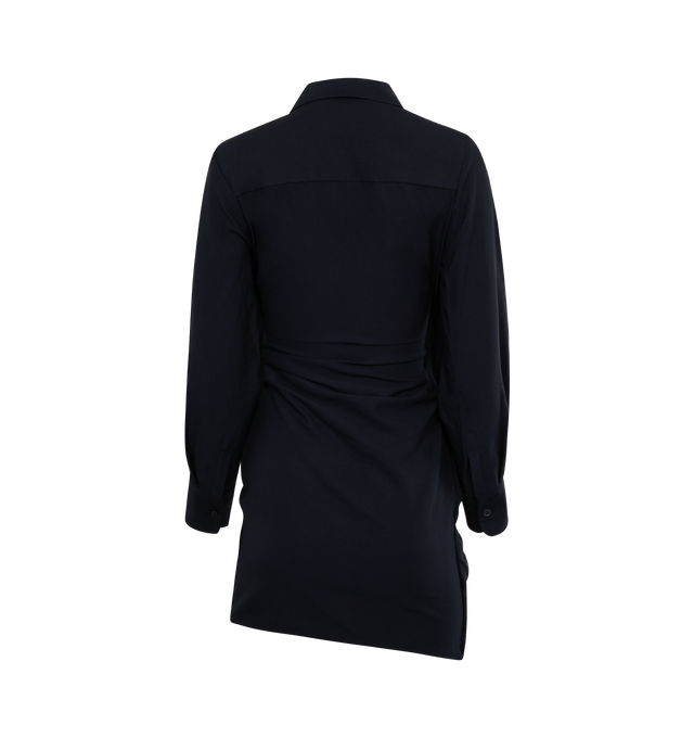 NAVY - JACQUEMUS Bahia Draped Knotted Twill Mini Dress featuring relaxed fit, pointed collar, plunging, draped neckline, hidden button under the sewn knot and square cuffs with mother-of-pearl buttons. 88% viscose, 12% polyamide/nylon. Made in Portugal.