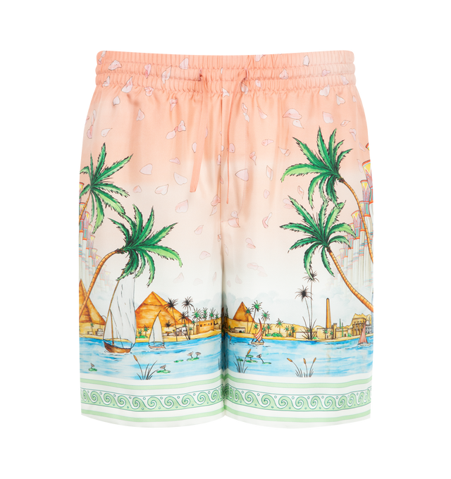 Image 1 of 3 - ORANGE - CASABLANCA Ethereal Silk Shorts featuring pure silk twill, decorated with an illustrated scenic print inspired by Egyptian landscapes, elasticated drawstring waistband, side pockets and a rear patch pocket with signature Casablanca artwork. 100% silk. 
