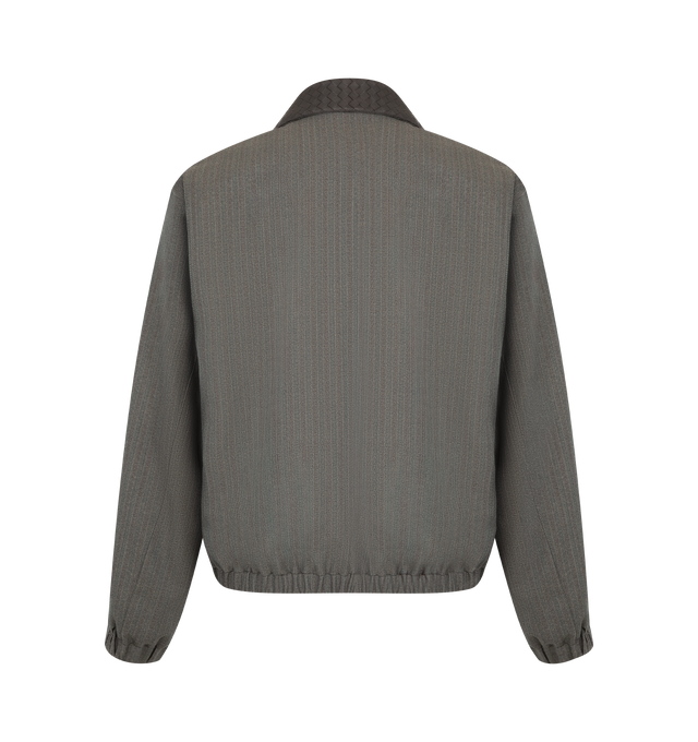 Image 2 of 3 - GREY - Bottega Veneta Mens Blouson is crafted from a soft wool and mohair blend. Features a relaxed fit, subtle striped pattern, Intrecciato leather collar, front zip closure with signature metal knot puller, full lining, and side pockets. Main Material: Wool and Mohair; Collar: Intrecciato Leather. Made in Italy. 