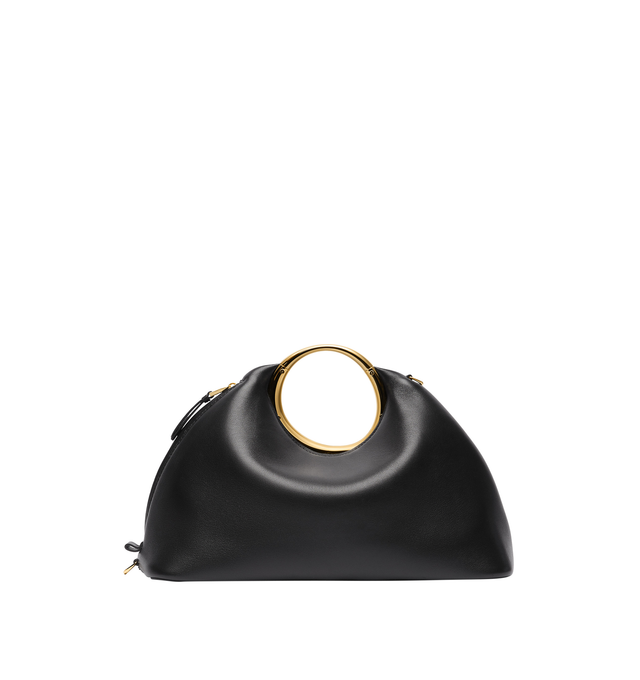 Image 3 of 5 - BLACK - JACQUEMUS Le Calino Bag featuring buffed lambskin, fixed metal carry handle, adjustable and detachable shoulder strap, welt pocket with magnetic closure at face, zip closure at side, cotton twill lining and logo-engraved gold-tone hardware. H6.5" x W12.75" x D5.5". Total height: H10". 100% lambskin. Lining: 100% cotton. Made in Italy. 