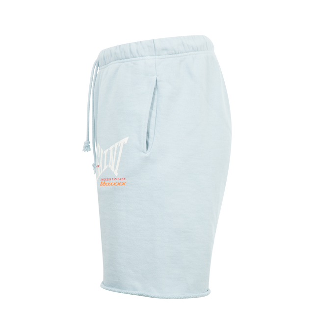 Image 3 of 3 - BLUE - SAINT MICHAEL Sweat Short featuring elastic drawstring waist, raw hem and graphic on leg. 100% cotton.  