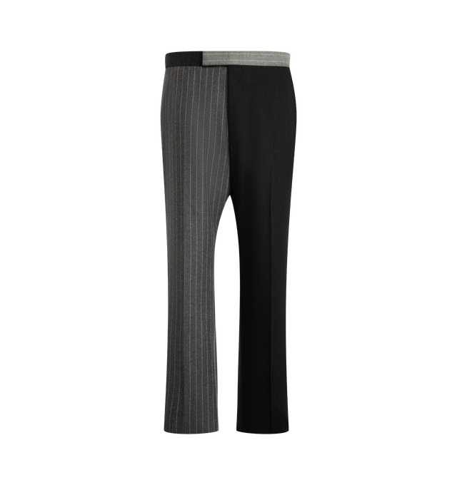 Image 1 of 3 - GREY - Thom Browne Men's Fit 1 Classic Trousers are crafted from wool flannel and feature a colorblocked spliced design with a contrast striped panel, an extended-tab waistband, and the brand's signature adjustable buttoned backstrap. Tailored in the label's Fit 1 silhouette, this style is finished with side on-seam pockets, back button-through welt pockets, rolled cuffs, and a zip fly with hook-and-bar closure. Main Material: 100% Wool. Lining: 100% Cupro. Made in Italy. 
