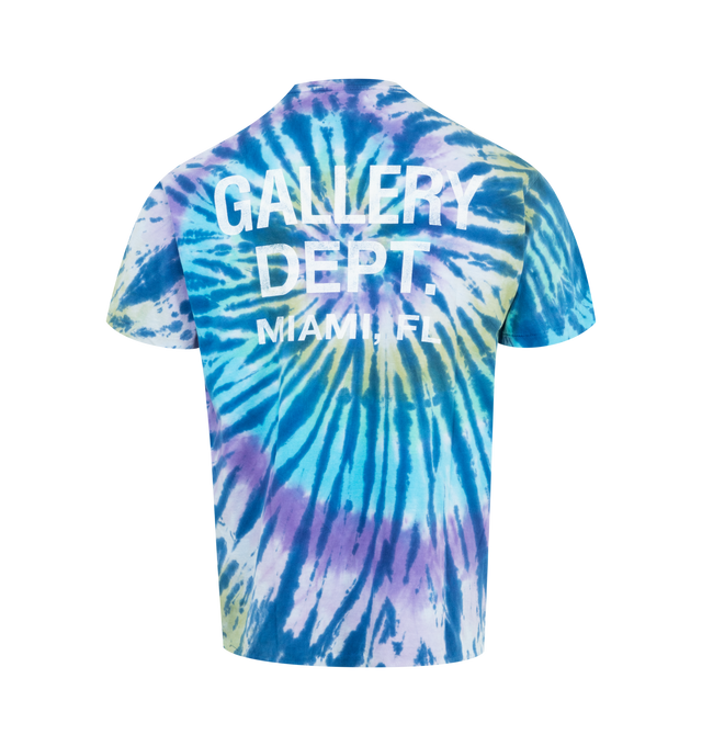 Image 2 of 2 - BLUE - GALLERY DEPT. Miami Souvenir Tee featuring classic short sleeve tee with our signature GD ENGLISH logo, unique tie-dye pattern, designed to hit right above the belt line, boxy and relaxed fit. 100% cotton. 