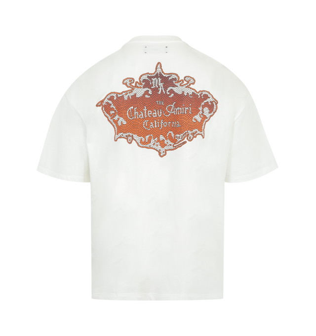 Image 2 of 2 - WHITE - AMIRI Chateau Crest T-shirt featuring cotton jersey, short sleeves, rib-knit crewneck, logo graphic printed at chest and back, dropped shoulders and oversized fit. 100% cotton. Made in Italy. 