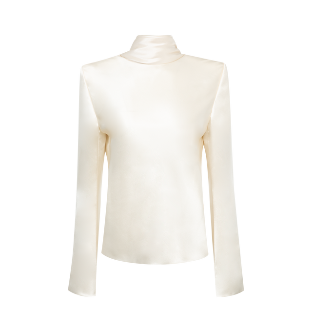 WHITE - SAINT LAURENT Cowl Back Blouse featuring high draped neck, plunging cowl back and padded shoulder. 100% silk. 
