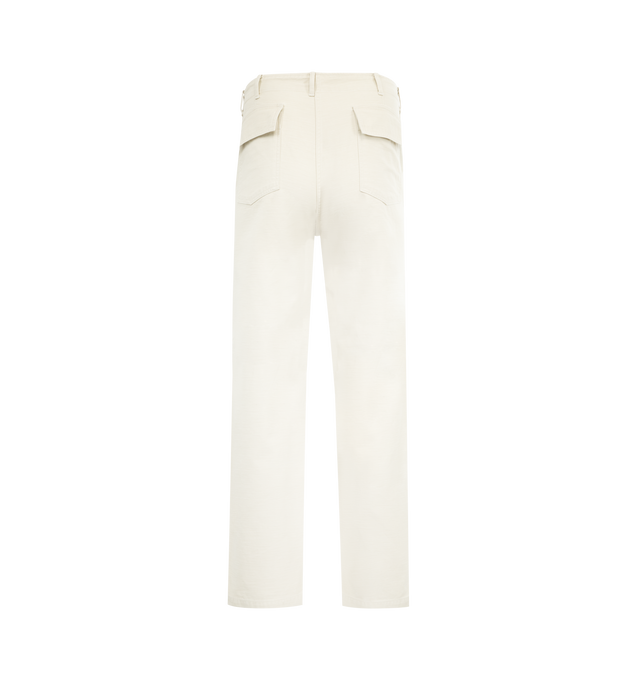 Image 2 of 3 - WHITE - AURALEE Washed Baggy Satin Bleached Baker Pants featuring four pocket style, relaxed fit, button zip closure, belt loops and paint throughout. 100% cotton. 
